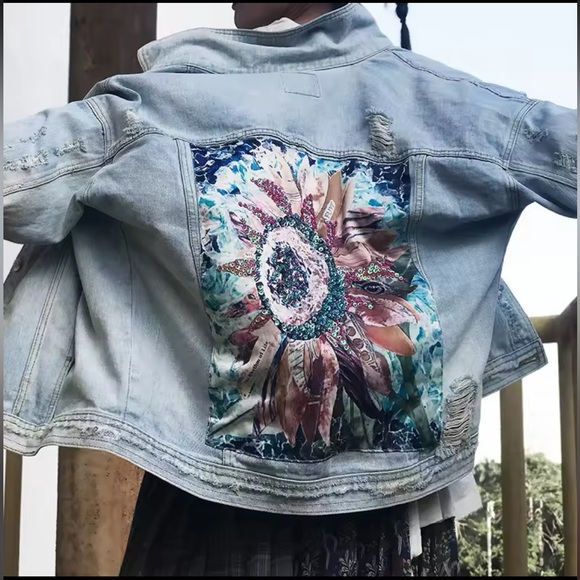 Denim bohemian sunflower flower floral embroidered embellished denim jacket coat - Picture 3 of 12